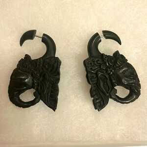 Black faux gauge Indian elephant earrings wooden